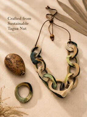 Artisan Tagua Nut Statement Necklace 18" Natural Sustainable Handcrafted 10-Link